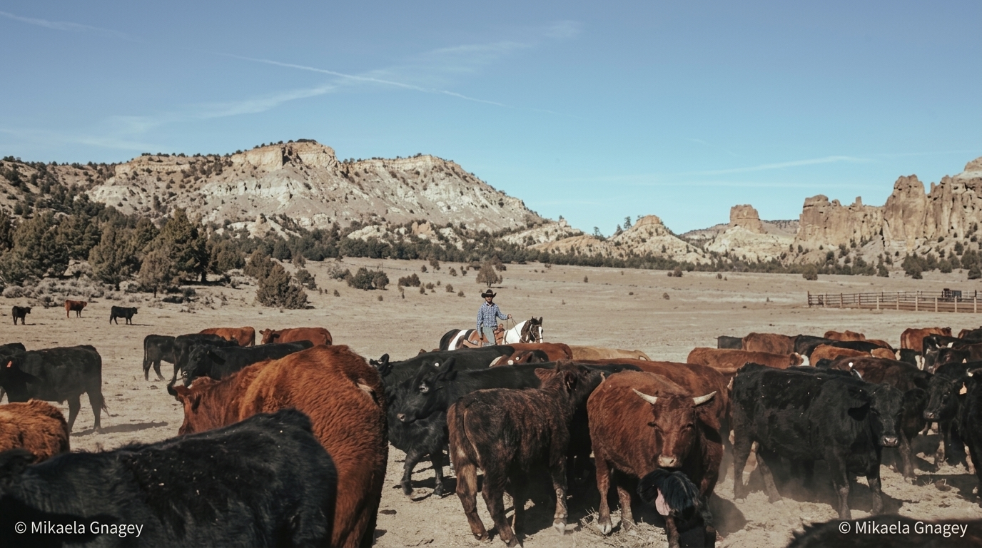 Cattle grazing beneath a mesa at golden hour on the Jacquez family ranch in New Mexico